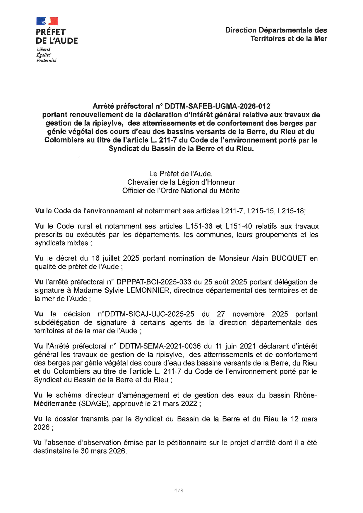 Arrêté préfectoral n° DDTM-SAFEB-UGMA-2026-012
