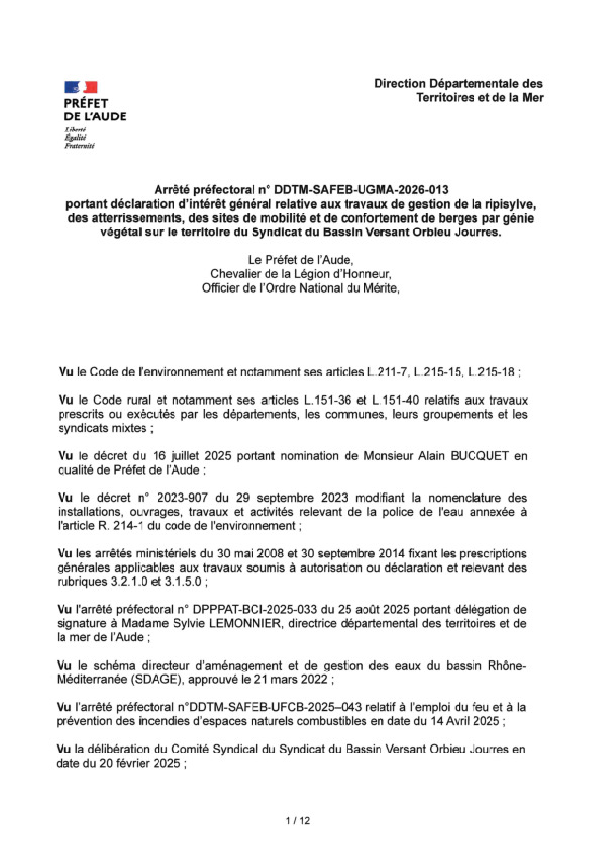 Arrêté préfectoral DIG gestion de la ripisylve .... Syndicat bassin versant Orbieu Jourres